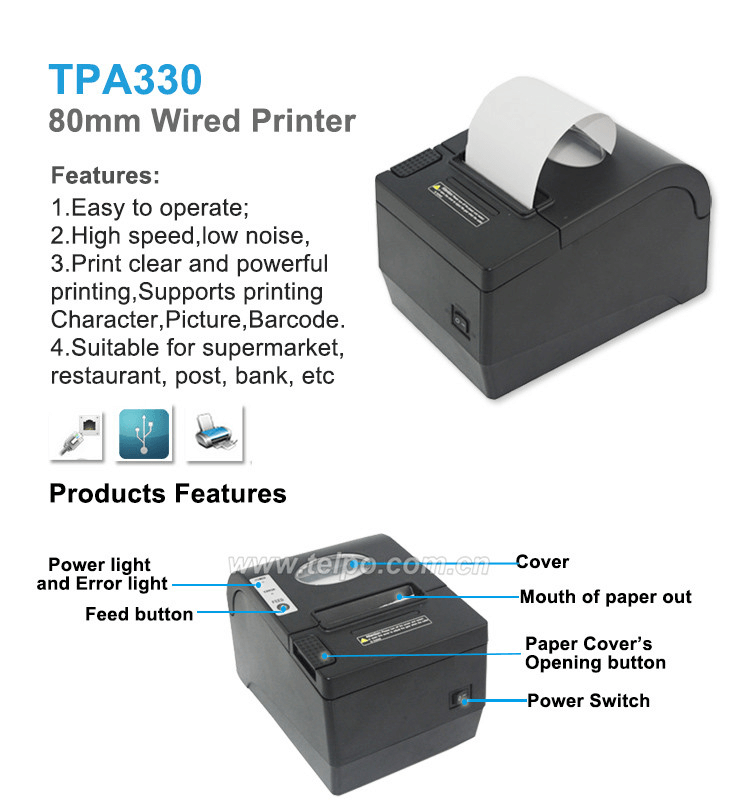Wifi and Bluetooth 80mm Wired Thermal Printer TPA330